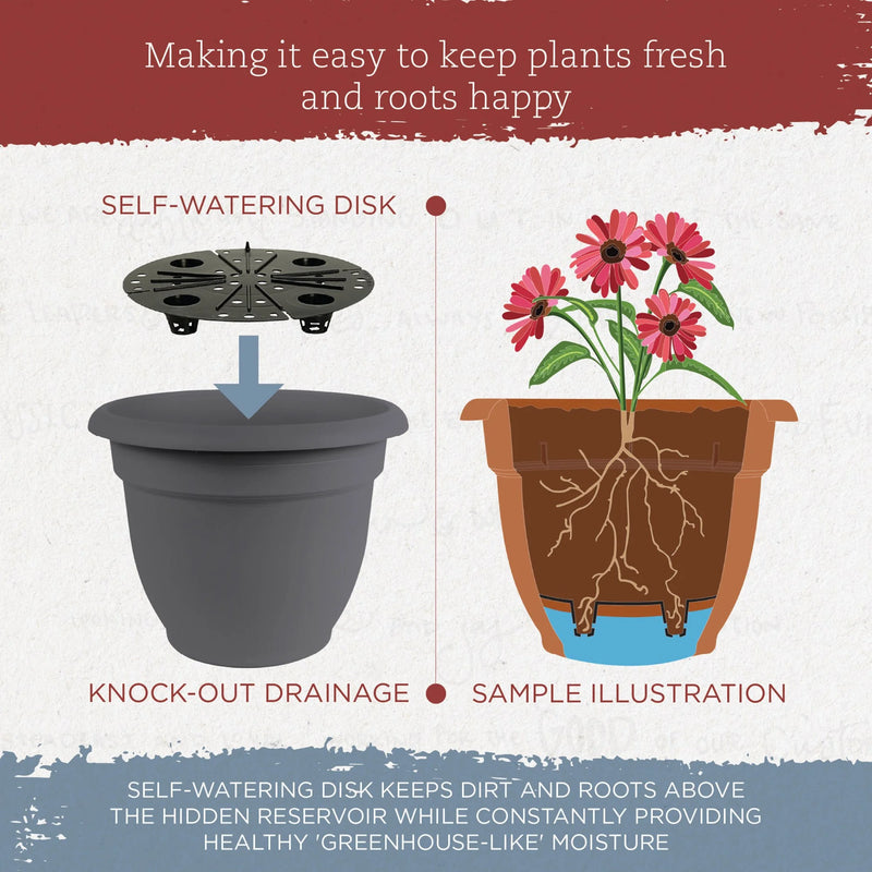Ariana Pot Planter: 16" - Charcoal - Durable Resin Pot, for Indoor and Outdoor Use, Gardening, Self Watering Disk Included, 6 Gallon Capacity - Puck's