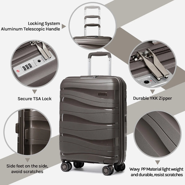 5 Piece Luggage Set PP Hardside Spinner Luggage - (Expandable Carry-On Suitcase20")( 24" 28")-Brown - Puck's