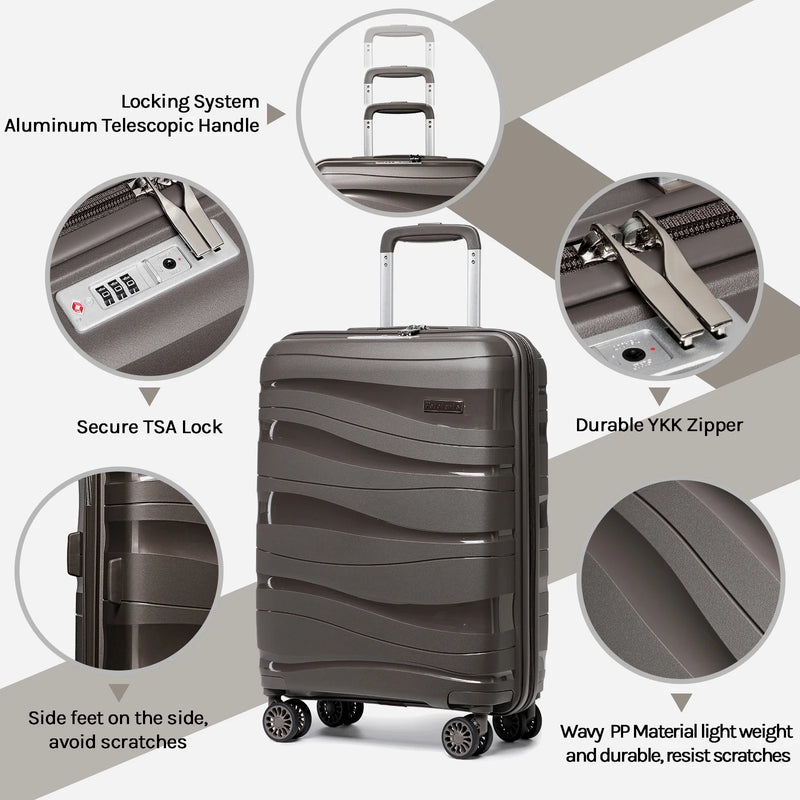 5 Piece Luggage Set PP Hardside Spinner Luggage - (Expandable Carry-On Suitcase20")( 24" 28")-Brown - Puck's