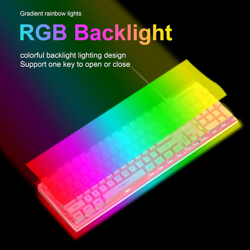 GT838 Gaming Keyboard and Mouse Combo, 104 Keys RGB Backlit Quiet Wired Keyboards for Laptop PC MAC, with Number Pad, Metal Panel, Anti-Ghosting, Pink - Puck's