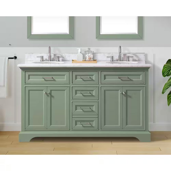 Windlowe 61 In. W Double Sink Green Bath Vanity with White Carrara Marble Top (Assembled) - Puck's