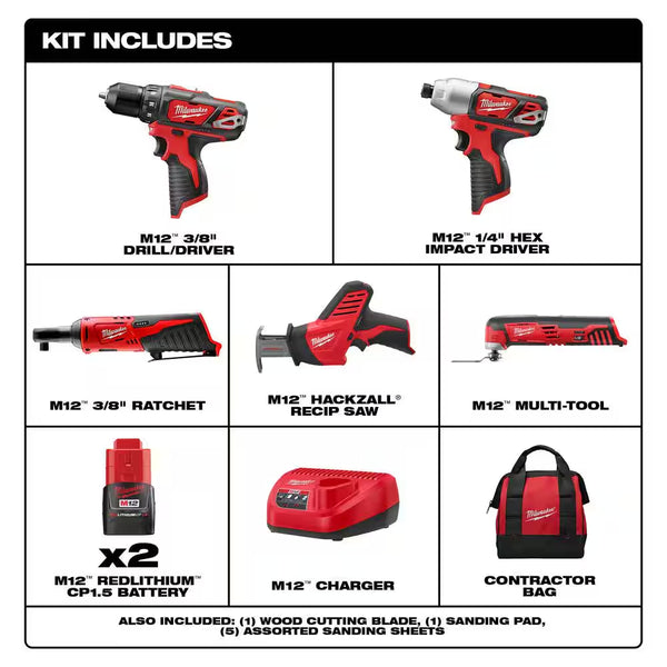 M12 12V Lithium-Ion Cordless Drill Driver/Impact Driver/Ratchet/Hackzall Recip Saw/Multi-Tool Combo Kit (5-Tool) - Puck's