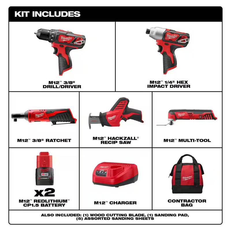 M12 12V Lithium-Ion Cordless Boor-/Impact Bestuurder/Ratel/Hackzall Recip Zaag/Multi-Tool Combo Kit (5-Tool) - Puck's