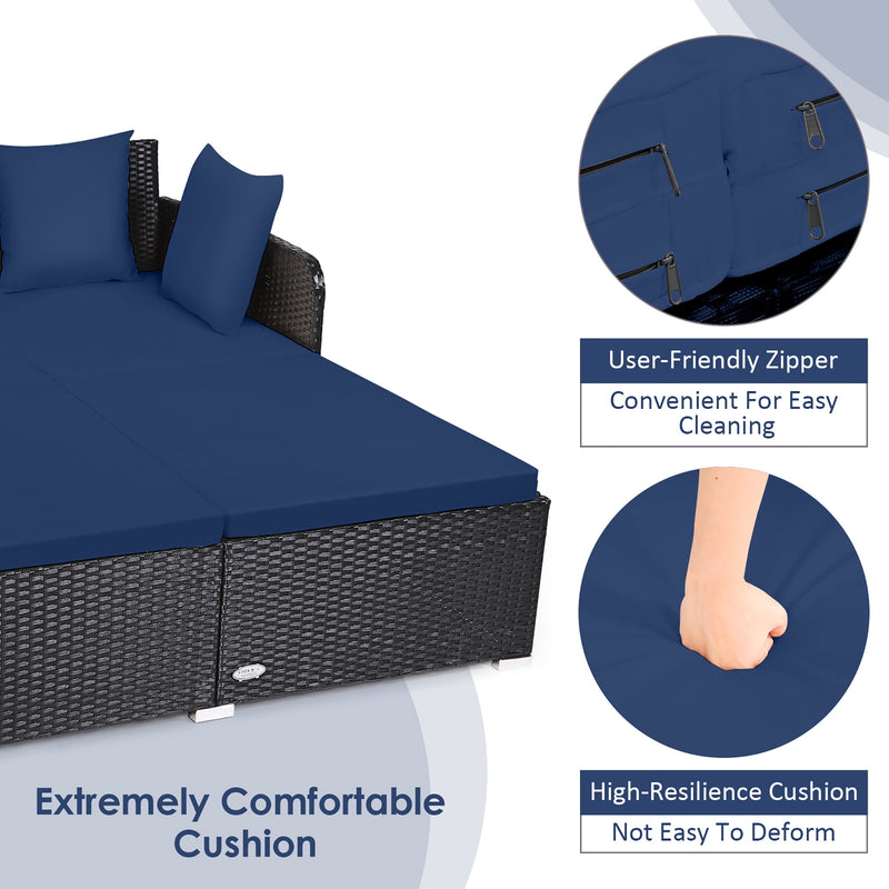 Outdoor Patio Rattan Daybed Pillows Cushioned Sofa Furniture Navy - Puck's