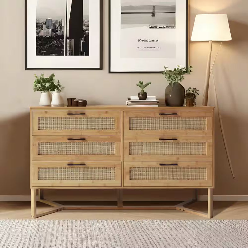Gele bamboe 6-ladenkast 47.4 In. B Commode Rotan met Unieke Basis (29.7 In. H X 15.8 In. L) - Puck's