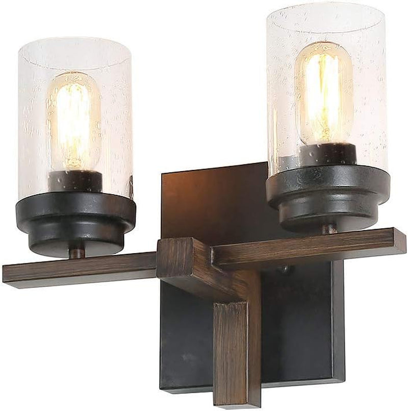 Rustic Style Bathroom Lighting Metal Wall Sconce with Seeded Glass Shade, Industrial Wall Light Log Cabin Home Retro Edison Sconce Lighting Fixtures 2-Lights, Black (W0062) - Puck's