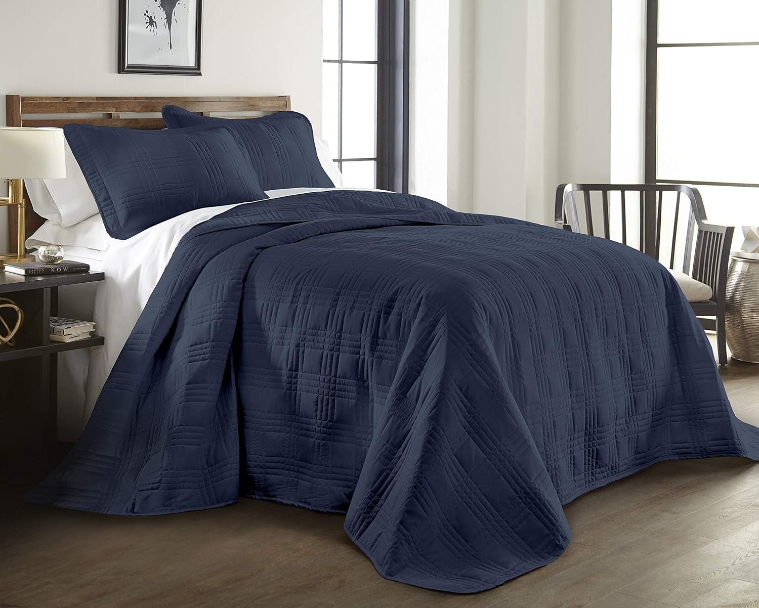 Kingston Queen Size Bedspread Set, 3-Piece Navy Oversized Quilted Microfiber Lightweight Bedspread Coverlet (100"X106") for All Seasons - Puck's