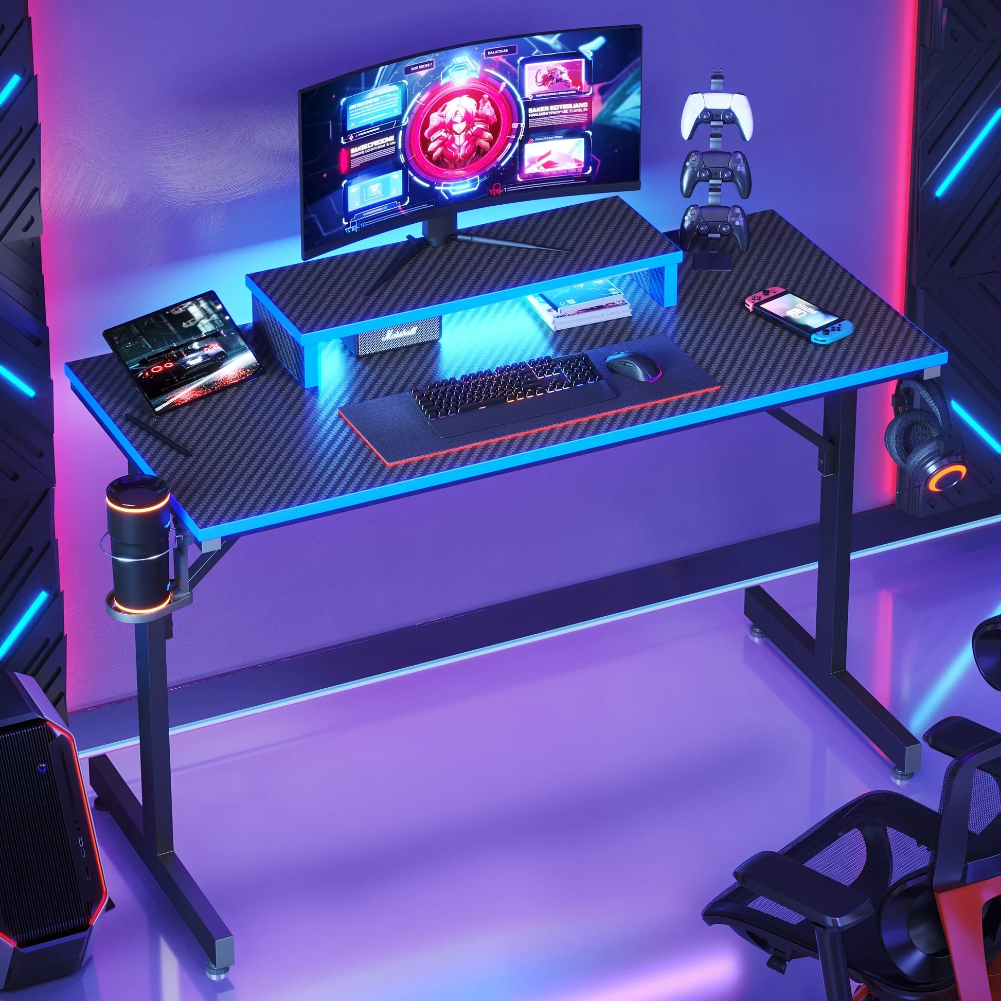 42" Gaming Desk PC Computer Table with LED Lights & Monitor Stand & Hook & Cup Holder in Blue - Puck's