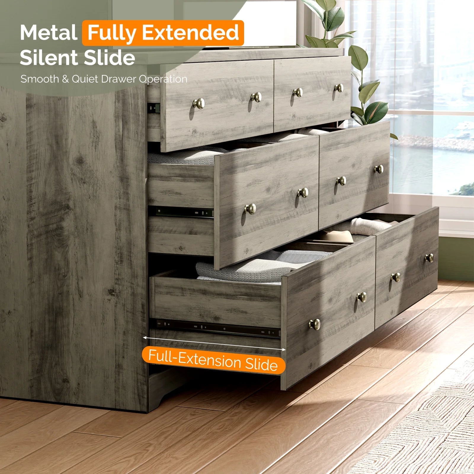6 Drawer Double Dresser, Kids Dresser, Nursery Dresser Drawer Organizer, Chest of Drawers,59" D X 15.75" W X 32" H, Gray - Puck's