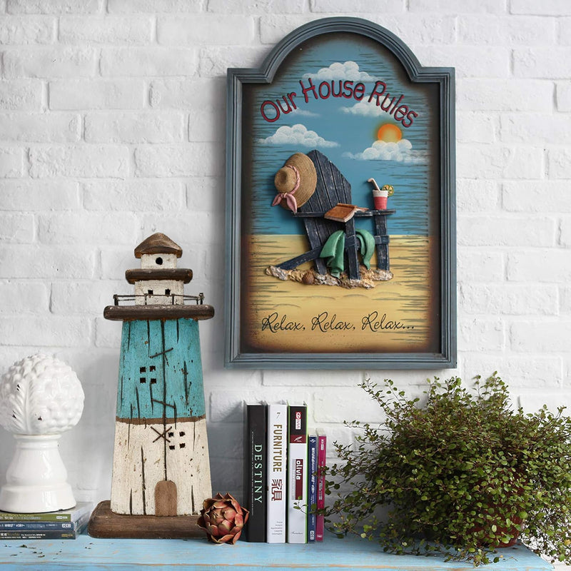 Wood Lighthouse Decor Nautical Light House Beach Coastal Ocean Decorations Table Seaside Marine Themed Home Decor Lake House Bathroom Shelf Table Centerpiece 13 Inch (Bloue White) - Puck's