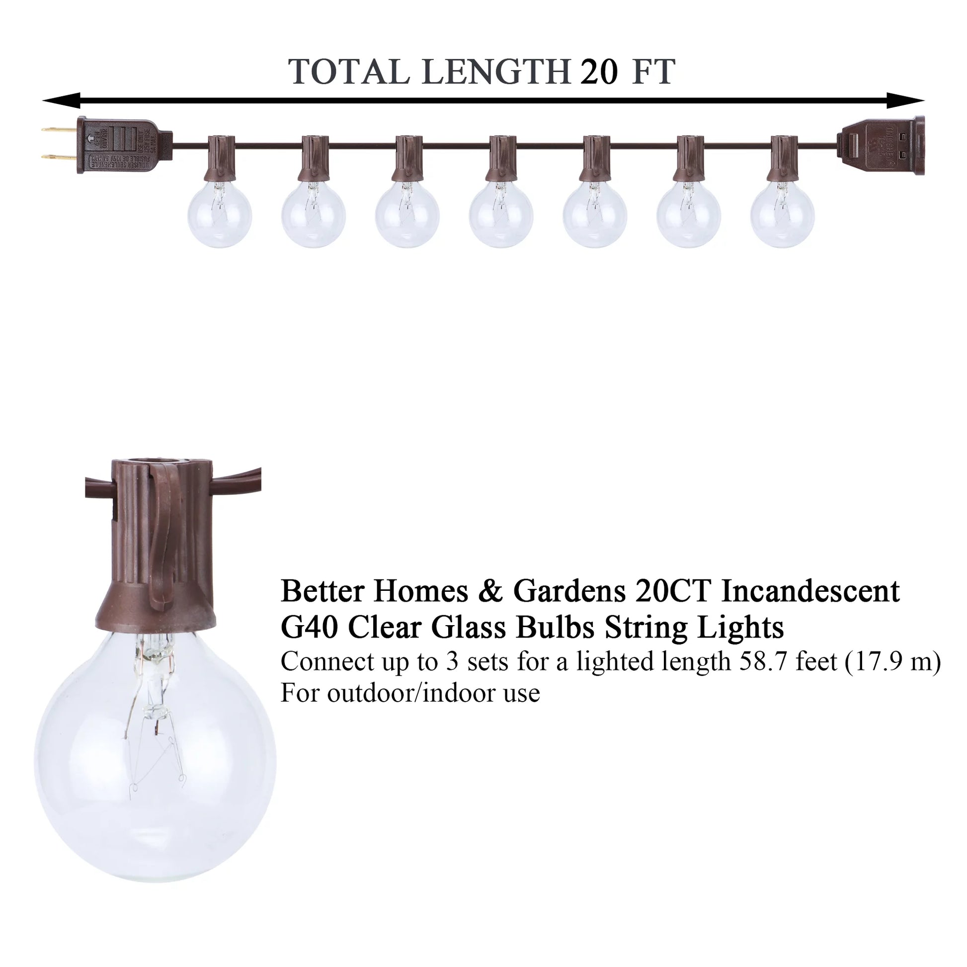 (2 Pack)  20-Count Clear Glass Globe G40 Bulbs Outdoor String Lights - Puck's