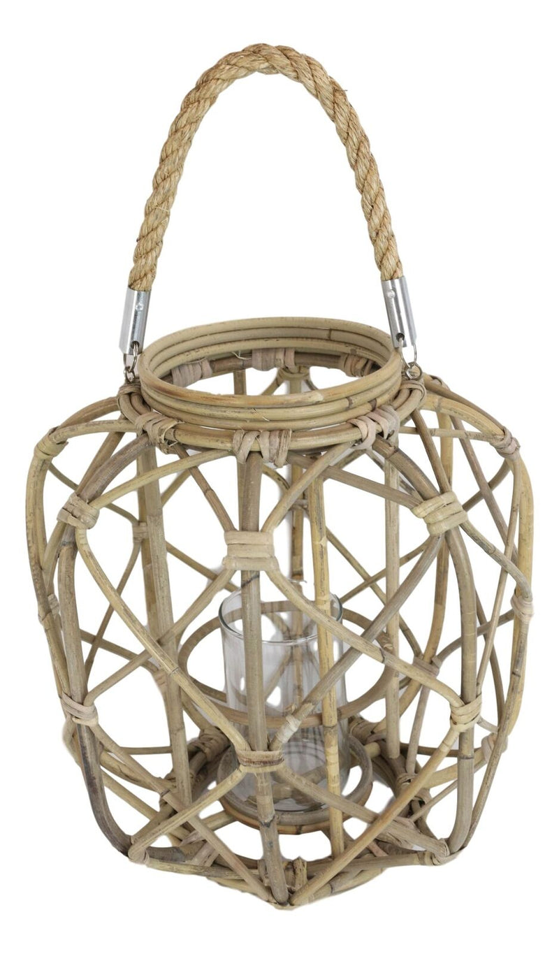 15"H Rustic Farmhouse Brown Woven Rattan Candle Lantern with Jute Rope Handle - Puck's