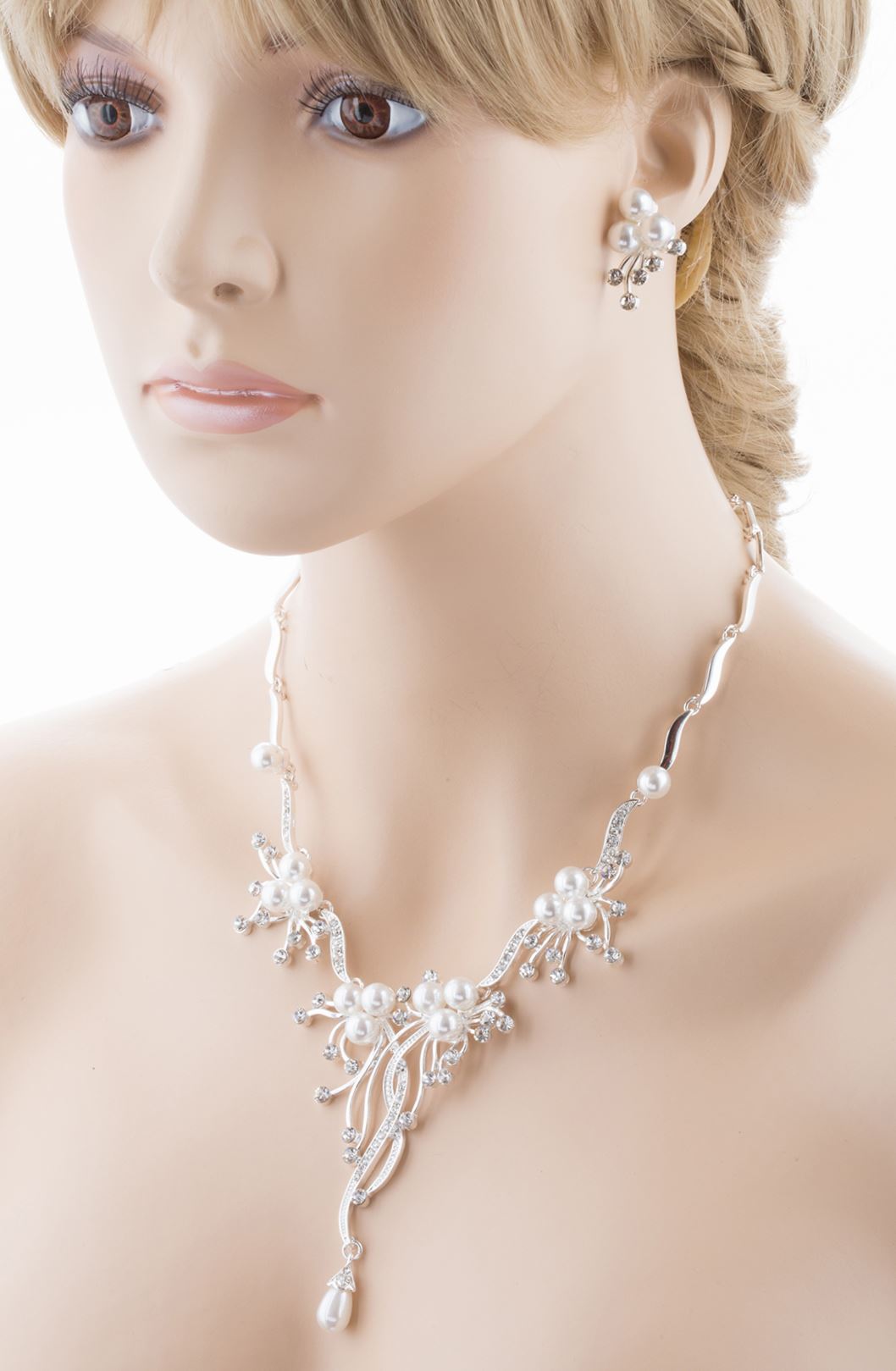 Bridal Wedding Jewelry Set Crystal Rhinestone Pearl Floral Vine Design Necklace - Puck's