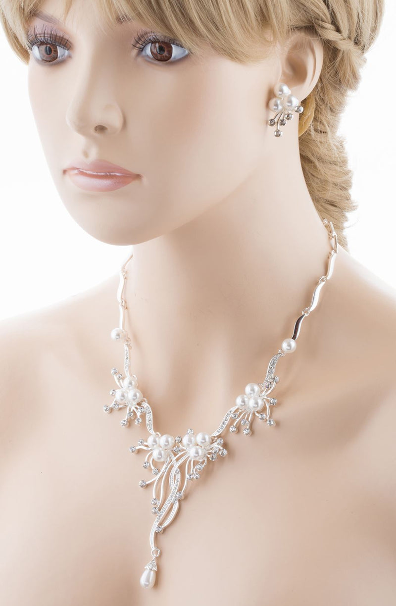 Bridal Wedding Jewelry Set Crystal Rhinestone Pearl Floral Vine Design Necklace - Puck's