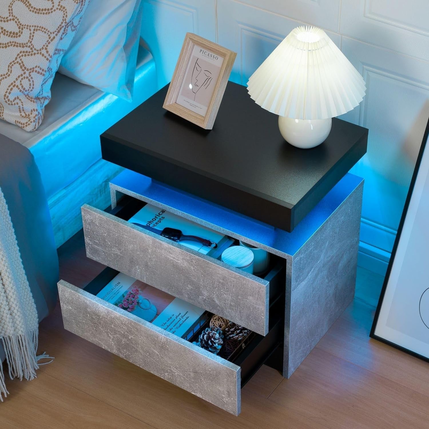 Bedside Table with 2 Drawers, LED Nightstand Wooden Cabinet Unit with LED Lights for Bedroom, End Table Side Table for Bedroom Living Room, Grey - Puck's