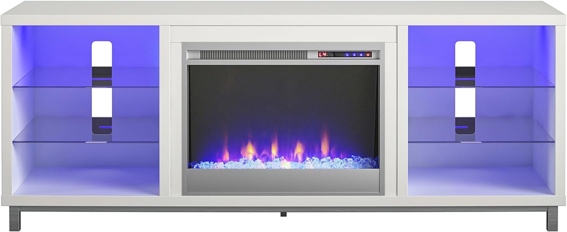 Lumina Fireplace TV Stand for Tvs up to 70 Inch, Replaceable Electric Fireplace Insert Heater, Remote Control, Timer, Color Changing LED Lights, Crystal Ember Flames, White - Puck's