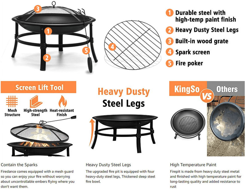 26 Inch Fire Pit for Outdoor round Wood Burning Fire Pit Bowl for Camping Picnic Bonfire Patio outside Backyard Garden Small Bonfire Pit Steel Firepit Bowl with Mesh Screen and Fire Poker - Puck's