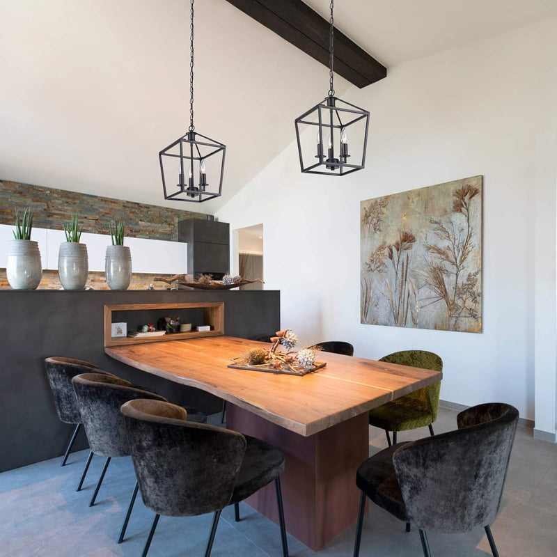 3-Light Industrial Pendant Light Metal Lantern Pendant Lighting Cage Chandelier Adjustable Farmhouse Chandelier for Kitchen Island Foyer Living Room Bar Restaurant,Matte Black - Puck's