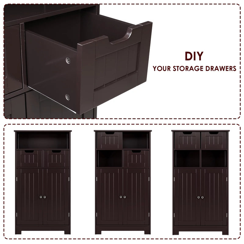 Bathroom Cabinet, Floor Storage Cabinet with 2 Doors and 2 Drawers, Free Standing Wooden Storage Organizer for Living Room, Dark Brown - Puck's