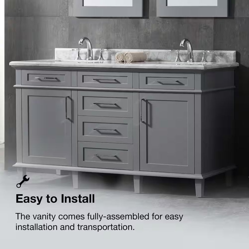 Sonoma 60 In. Dubbele Gootsteen Kiezel Grijs Bad Wastafel met Carrara Marmeren Bovenblad (Gemonteerd) - Puck's
