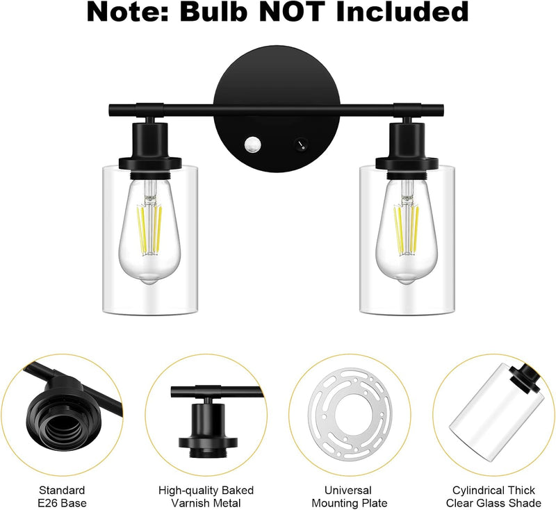 2 Light Bathroom Vanity Lights Fixtures with Motion Sensor, Black Industrial Wall Lighting Sconces with Glass Shade Modern Lamp for Cabinets, Farmhouse, Porch, Corridor, Mirror (Bulb Not Included) - Puck's