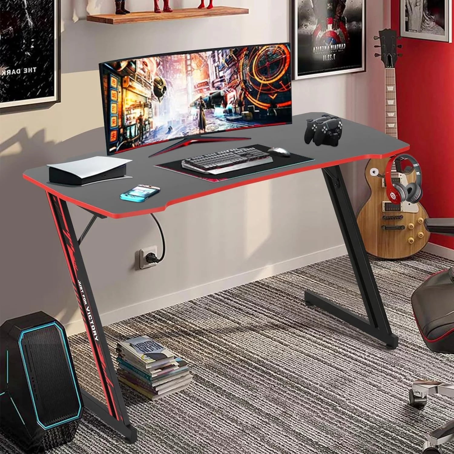 ncs 47 Inch Gaming Desk Z-Shaped Computer Desk Home Office Desk with Headphone Hook, Red - Puck's