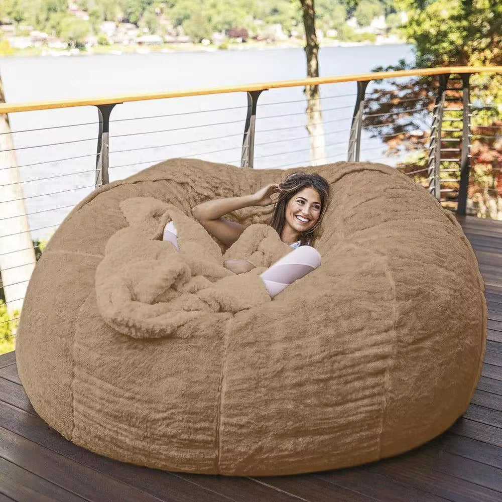 7-Foot Bean Bag Chair with Furry Fur Cover Machine Washable Big Size Sofa and Giant Lounger Furniture - Puck's