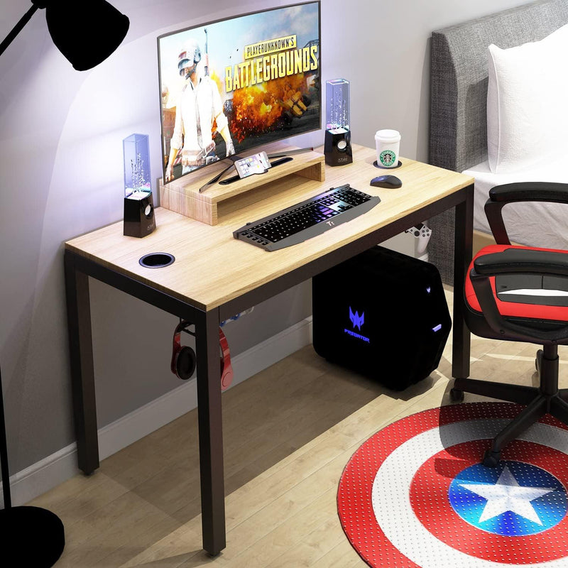 Gaming Computer Desk, 47 Inches Desk Gaming Table Workstation Desk with Display Stand and Cable Management and Headphone Holder, Teak BHUS-AC14BB - Puck's