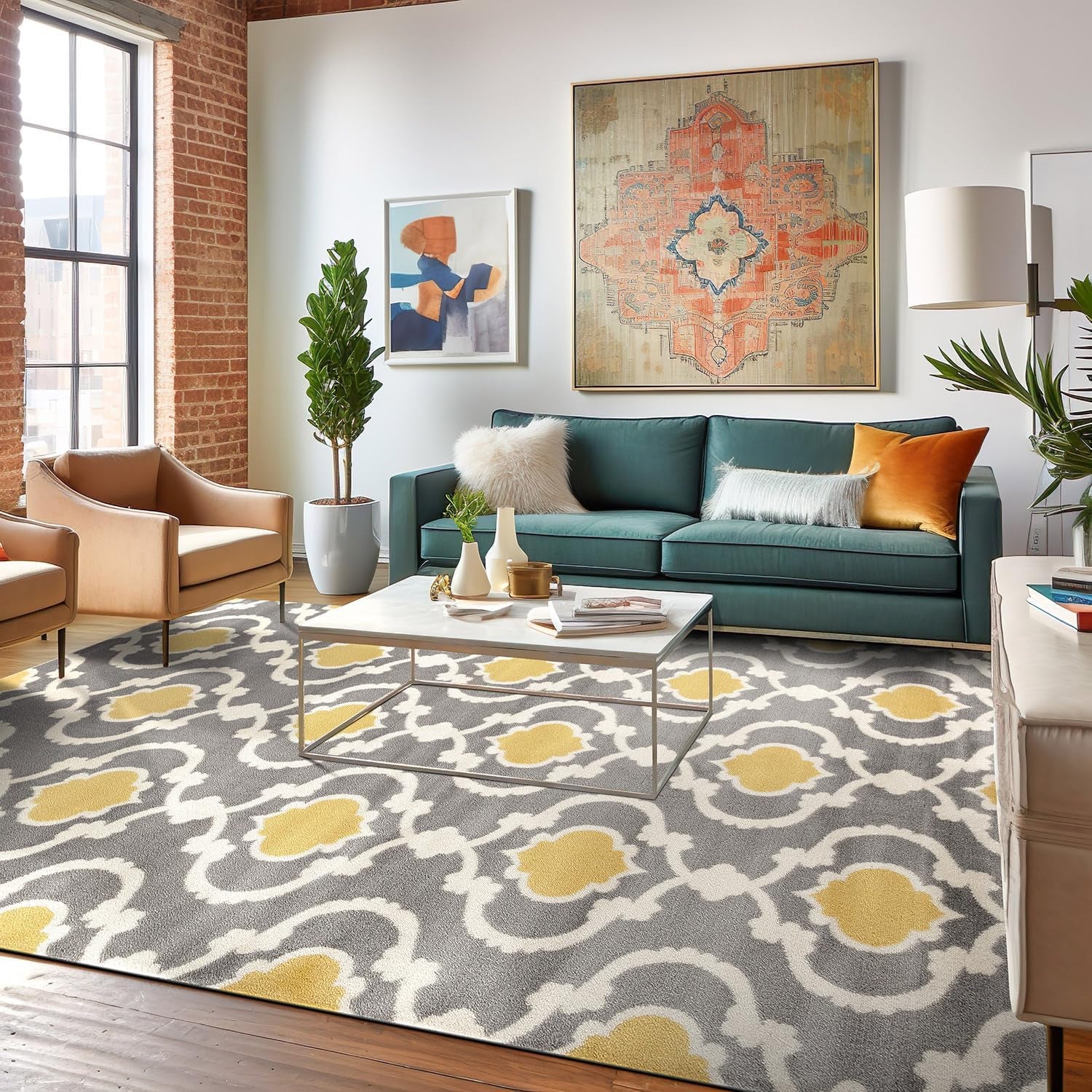Moroccan Trellis Contemporary Perfect for High Traffic Areas of Your Living Room,Bedroom,Home Office,Kitchen Area Rug 10' X 14' Gray/Yellow - Puck's