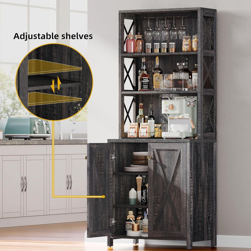 67" Tall Wine Bar Cabinet for Liquor and Glasses, Farmhouse Kitchen - Puck's