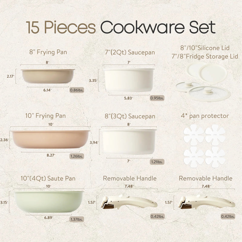 15Pcs Pots and Pans Set, Nonstick Cookware Set Detachable Handle, Multicolor - Puck's