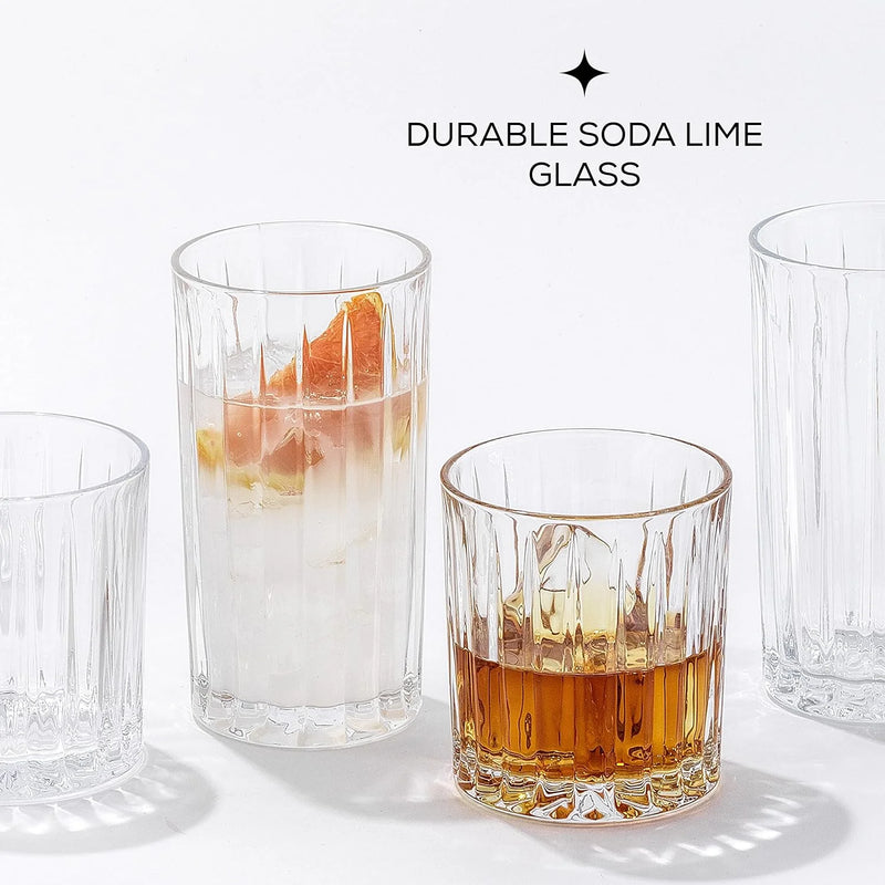 Alina Clear Ribbed Glass Drinking Glass Set, Highball Glasses and Tumbler Glasses - Set of 8 - Puck's