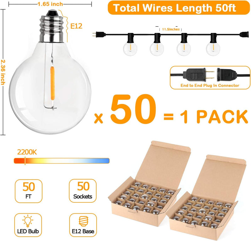 50FT LED G40 Globe String Lights, Shatterproof Outdoor Patio String Lights with 50+2 Dimmable Edison Bulbs, 50 Backyard Hanging Bistro Light Waterproof for Balcony Party Wedding Market Cafe - Puck's