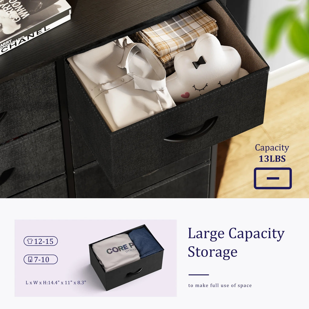 6 Drawer Dresser, Wide Chest of Drawers Nightstand Storage Tower Storage Dresser Fabric Dresser with Wood Top for Living Room, Bedroom, Hallway, Black - Puck's