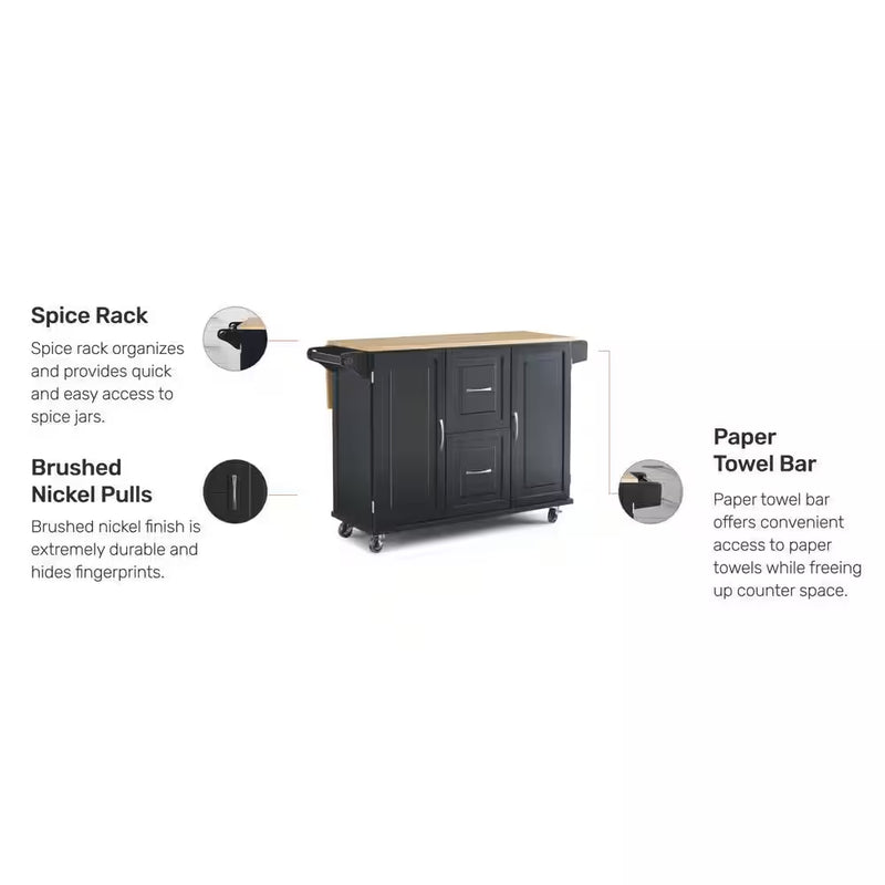 Dolly Madison Black Kitchen Cart with Natural Wood Top