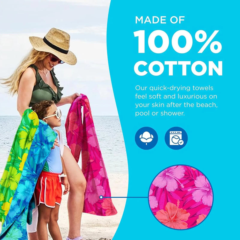 Kaufman - Colorful Hibiscus Beach Towels | 100% Cotton with Ends Hemmed | 30" X 60" | Colorful Soft & Absorbent Pool Towels for Adults and Kids | Fiber Reactive | 4 Pack