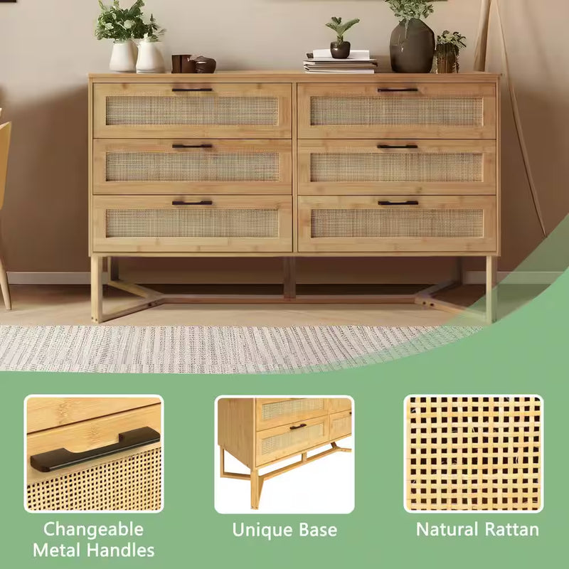 Gele bamboe 6-ladenkast 47.4 In. B Commode Rotan met Unieke Basis (29.7 In. H X 15.8 In. L) - Puck's