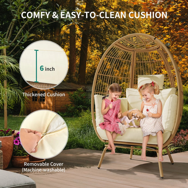 Wicker Egg Chair Outdoor Indoor Oversized Lounger with Stand and Cushions Egg Basket Chair for Patio Backyard Porch - Beige - Puck's