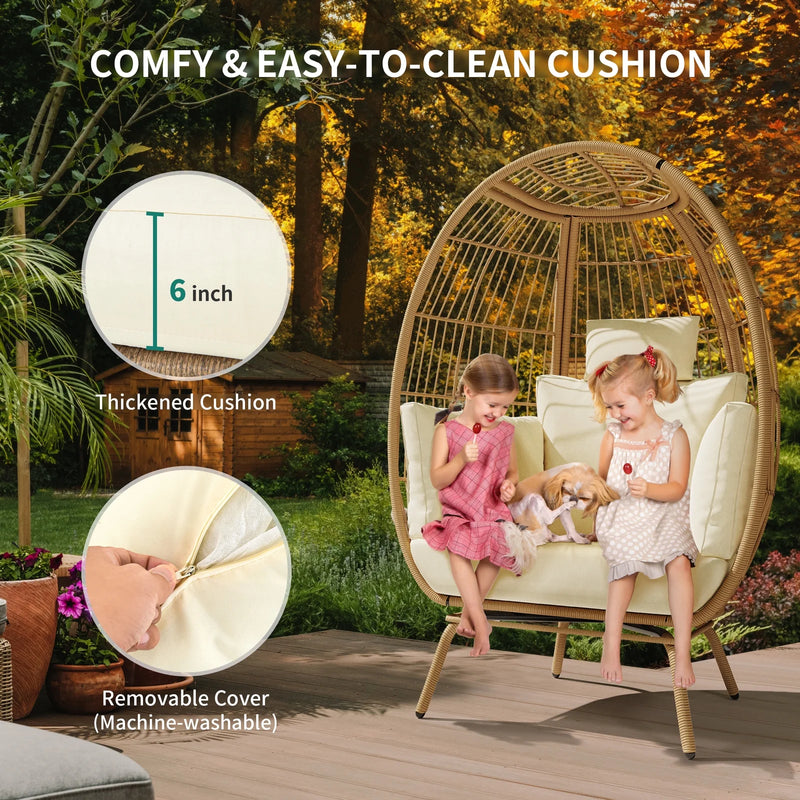 Wicker Egg Chair Outdoor Indoor Oversized Lounger with Stand and Cushions Egg Basket Chair for Patio Backyard Porch - Beige - Puck's