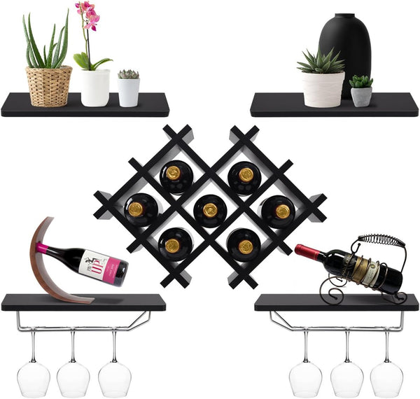 Wine Rack Wall Mounted Set of 5, Wood Wall Wine Shelf Racks with Glass Holder and Stemware Hanger, Wooden Hanging Wine Rack, Wine Storage Display Shelf for Home Bar Kitchen Dining Room, Black - Puck's