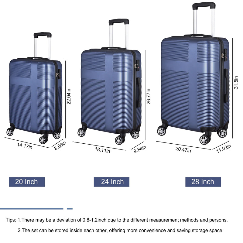 3 Piece Luggage Sets with TSA Lock ABS, Durable Luggage Set, Lightweight Suitcase with Hooks, Spinner Wheels, Cross Stripe Luggage Sets 20In/24In/28In(Dark Blue) - Puck's