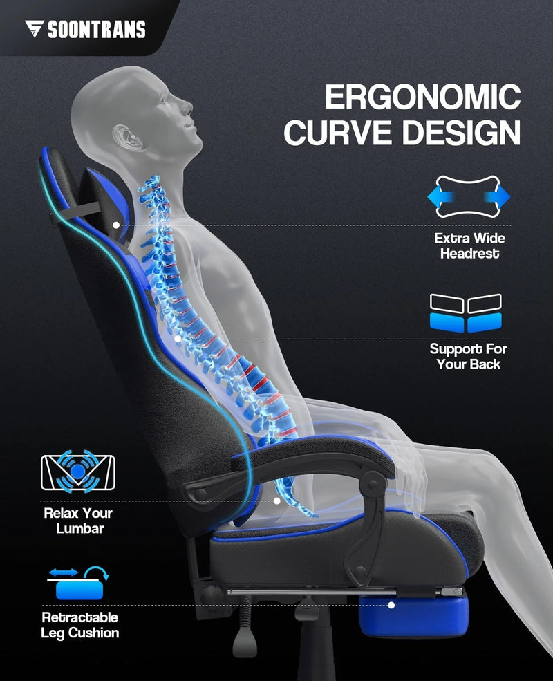 Blue Gaming Chair with Footrest, Office Chair with Massage Lumbar Support & Adjustable Headrest, High Back Comuputer Chair, Ergonomic Game Gamer Chair for Adults Kids, Blue - Puck's