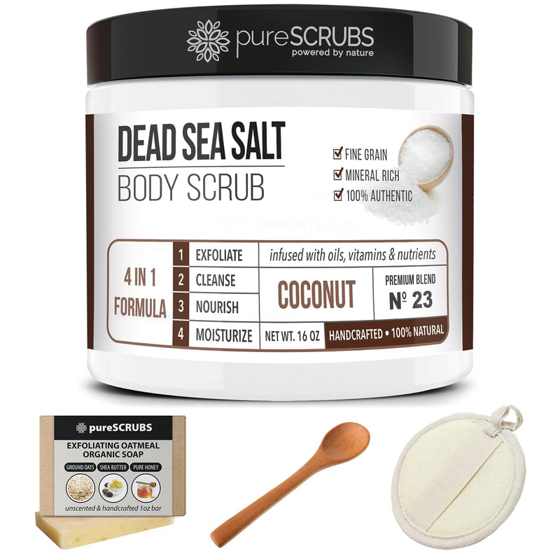 Premium Coconut Body Scrub Set - Large 16Oz Dead Sea Salt Body Scrub with Infused Essential Oils & Nutrients, Includes Wooden Spoon, Loofah & Oatmeal Exfoliating Bar Soap - Puck's