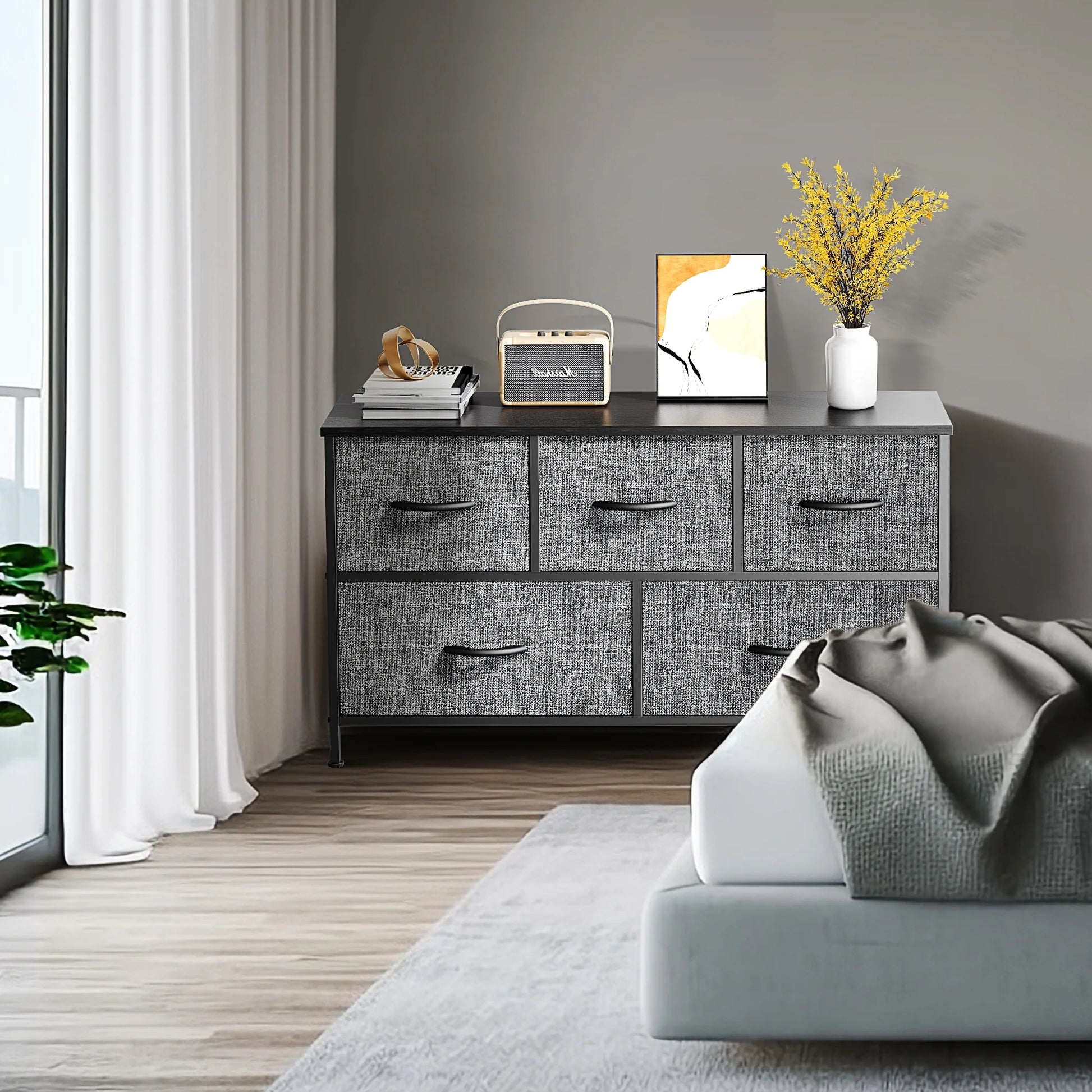 5 Drawer Dresser, Wide Chest of Drawers Nightstand Storage Tower Storage Dresser Fabric Dresser with Wood Top for Living Room, Bedroom, Hallway, Grey - Puck's