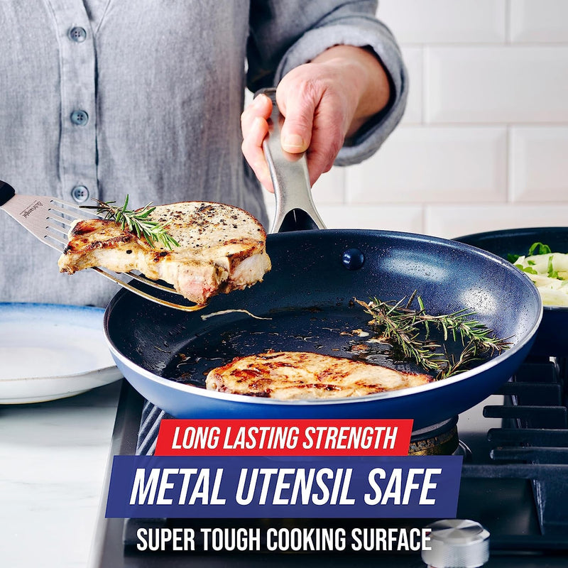 Cookware 10" Frying Pan Skillet, Diamond Infused Healthy Ceramic Nonstick, PFAS and Pfoa-Free, Dishwasher and Oven Safe, Even Heating, Metal Utensil Safe, Warp Control Base, Blue - Puck's