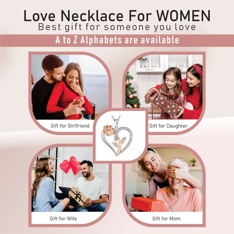 Sterling Silver Necklace for Woman Gift for Wife from Husband Valentines Day Gift for Women Rose Heart Necklace for Girlfriend Birthday Gifts Mother Daughter Pendant Rhodium 18K Rose Gold - Puck's