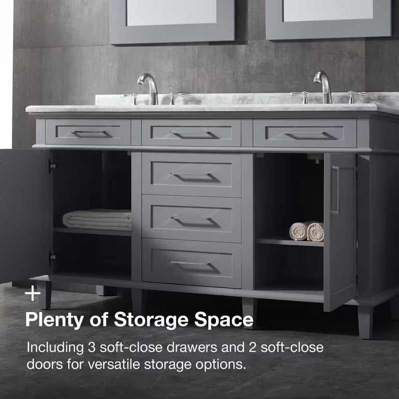 Sonoma 60 In. Dubbele Gootsteen Kiezel Grijs Bad Wastafel met Carrara Marmeren Bovenblad (Gemonteerd) - Puck's