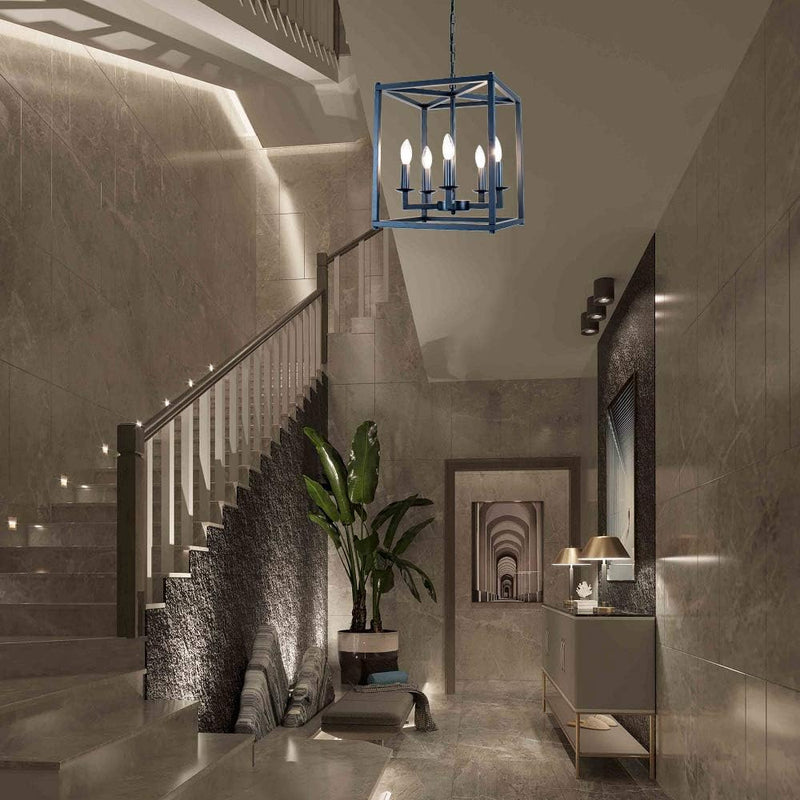 5 Lights Lantern Chandeliers Black Foyer Lighting Farmhouse Pendant Light Fixture Industrial Style Lighting Mid Century Ceiling Light Fixture for Entryway,Hallway and Dining Room Foyer - Puck's