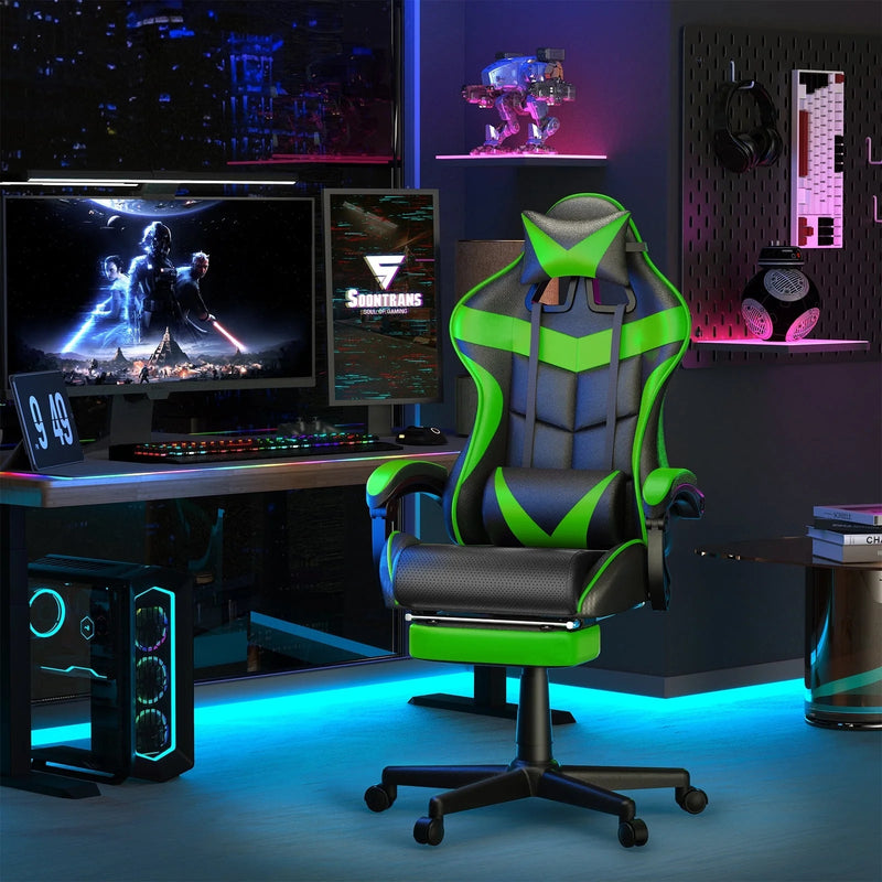 Gaming Chair Computer Chair with Footrest, Office Chair with Lumbar Massage Pillow, Racing Ergonomic Game Chair , Swivel Gamers Chair for Adults Kids, Green - Puck's