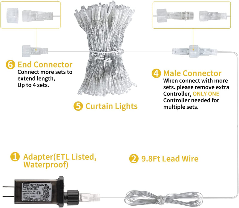 300 LED Curtain String Lights, 9.8 FT Hanging Fairy Lights with Remote, 8 Modes, Connectable Waterproof Window Lights for Bedroom Backdrop Wedding Outdoor Christmas Party, Warm White - Puck's